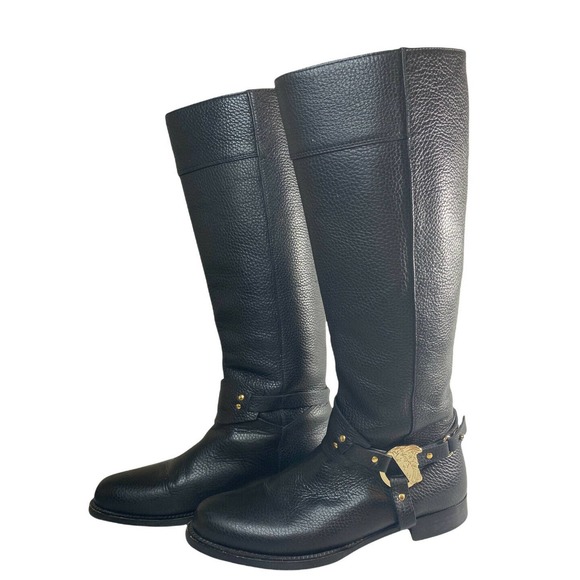 Versace Collection Black Leather Riding Boots Strap Gold Medusa Head 36 Size 5.5 - Picture 4 of 10